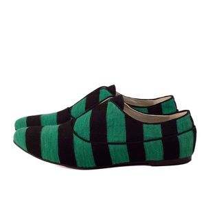 New HANDMADE Green Stripe Cotton & Leather Sneakers 9 Fit 8.5 8 NYC Designer
